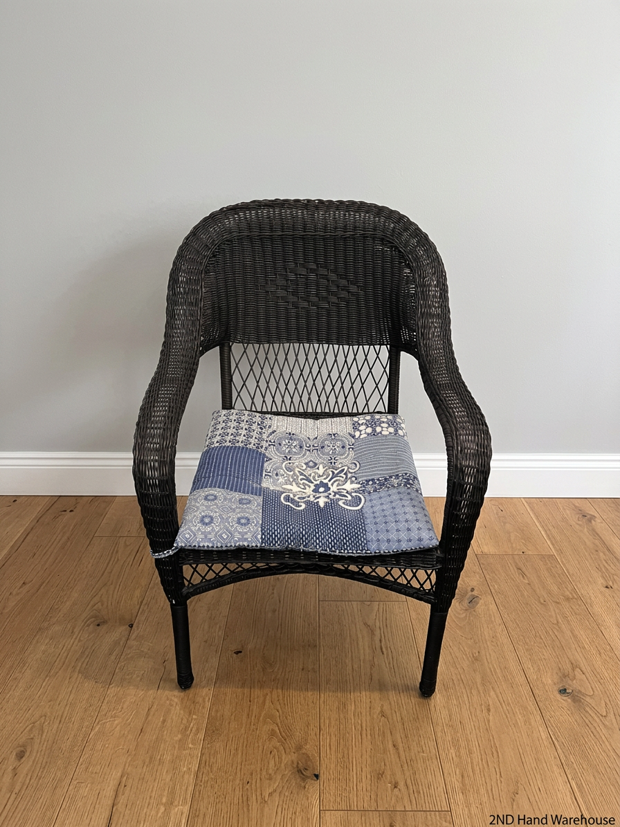 Dark Wicker Armchair with Patterned Cushion - 2ndhandwarehouse.com