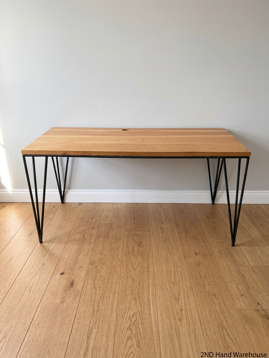 Rustic Wooden Office Desk with Black Hairpin Legs — Used; Fair Condition