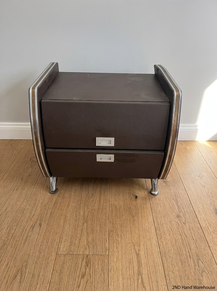 Brown 2-Drawer Side Table with Chrome Details — Paint Droplets on S - 2ndhandwarehouse.com