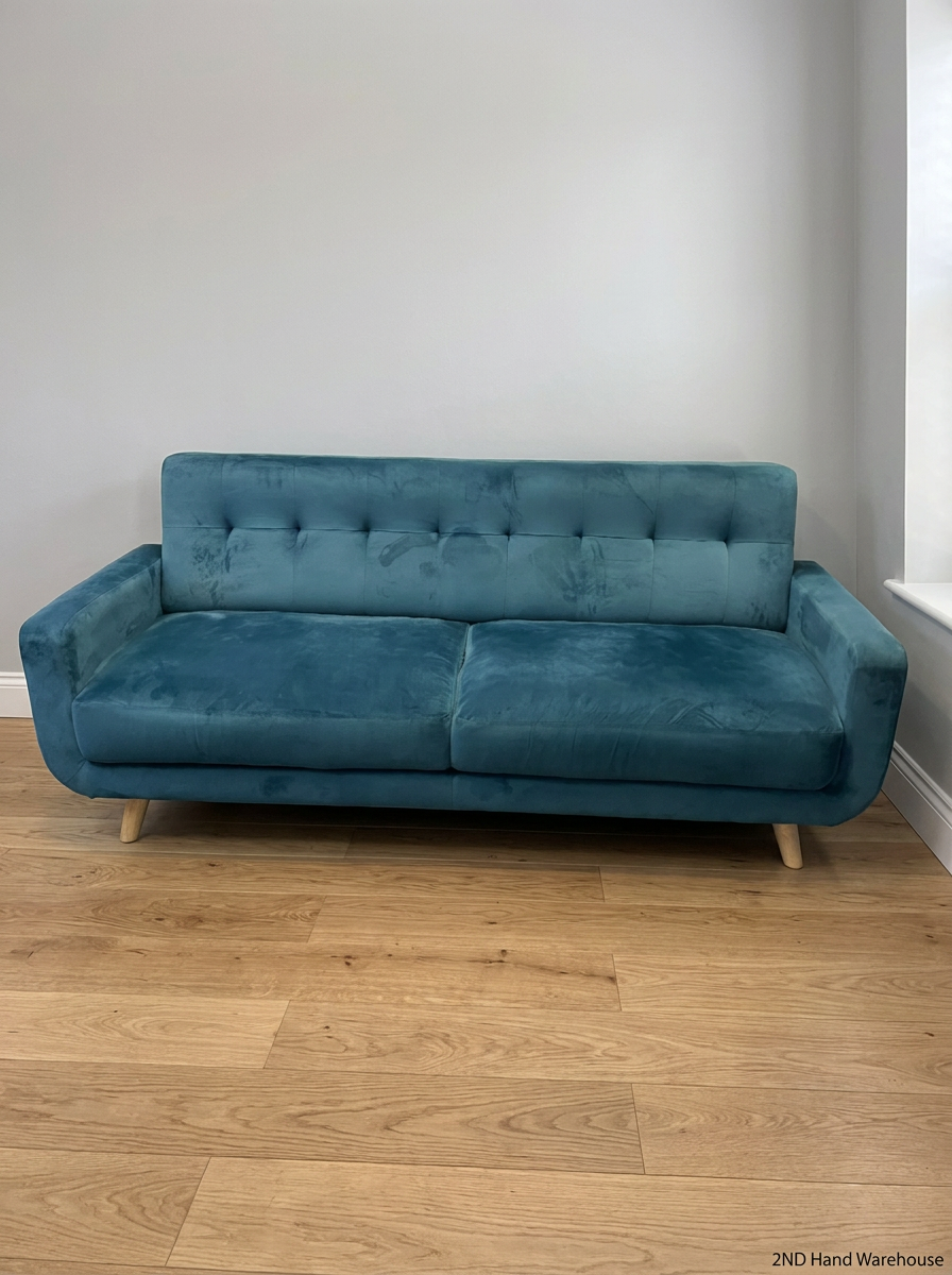 3 Seater Teal Blue Tufted Couch with Wooden Legs — Very Good Condition