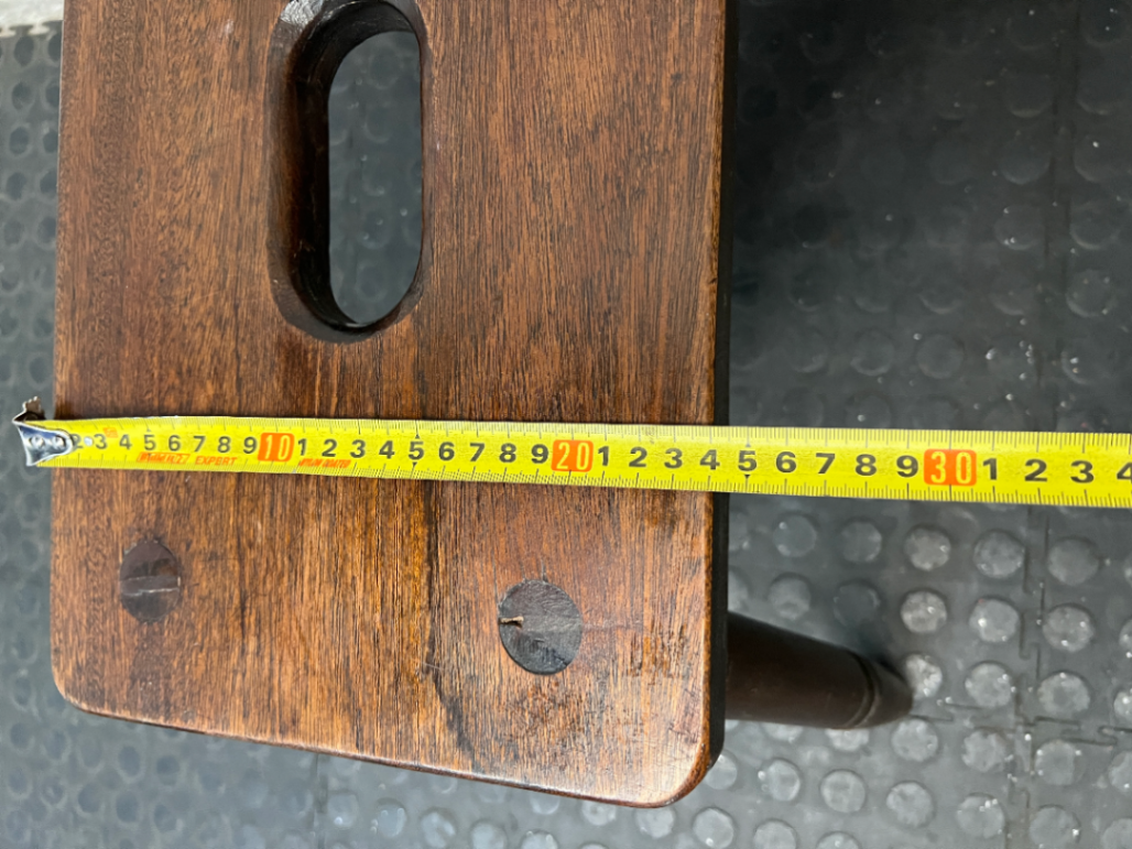 Dark Wood Low Stool with Carry Handle — Minor Surface Wear and Leg Scuffing