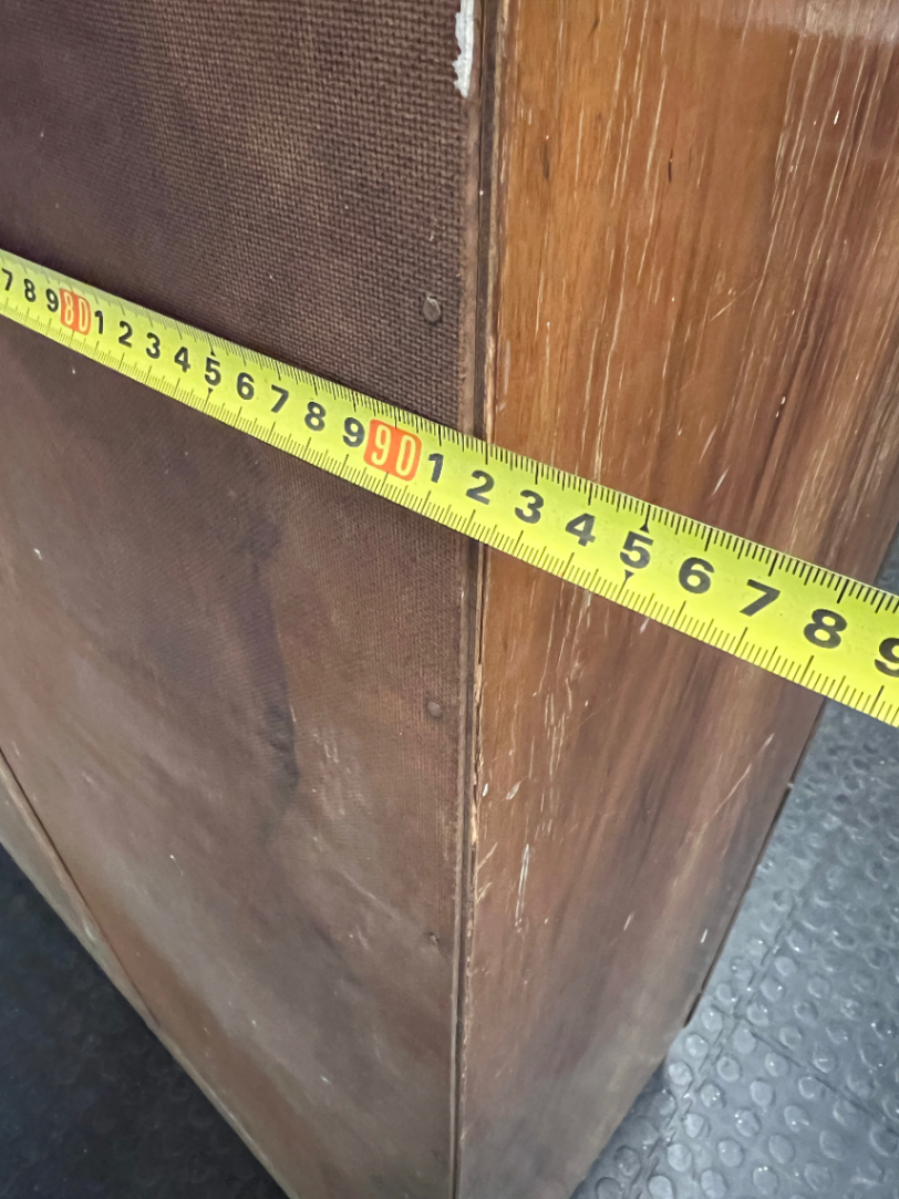 Vintage Dark Wood Two-Door Cupboard — Vintage Condition with Surface Wear and Stickers