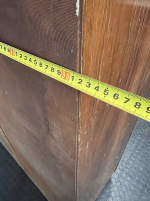 Vintage Dark Wood Two-Door Cupboard — Vintage Condition with Surface Wear and Stickers
