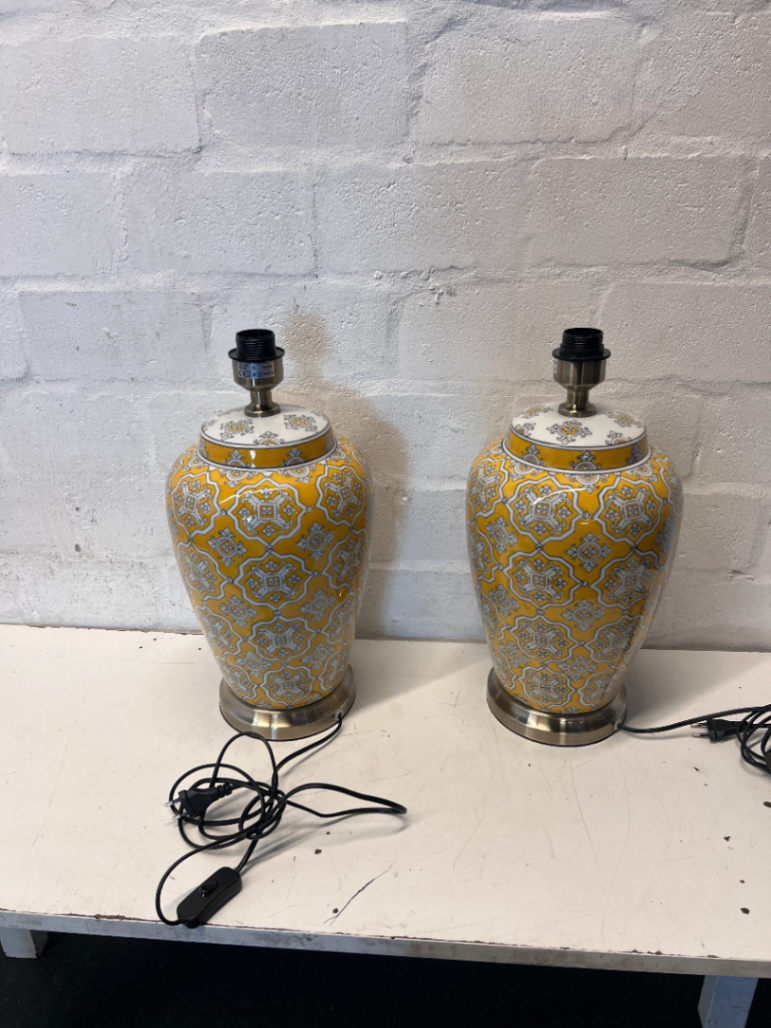 Pair of New Yellow Ceramic Patterned Table Lamps - 48cm - 2ndhandwarehouse.com