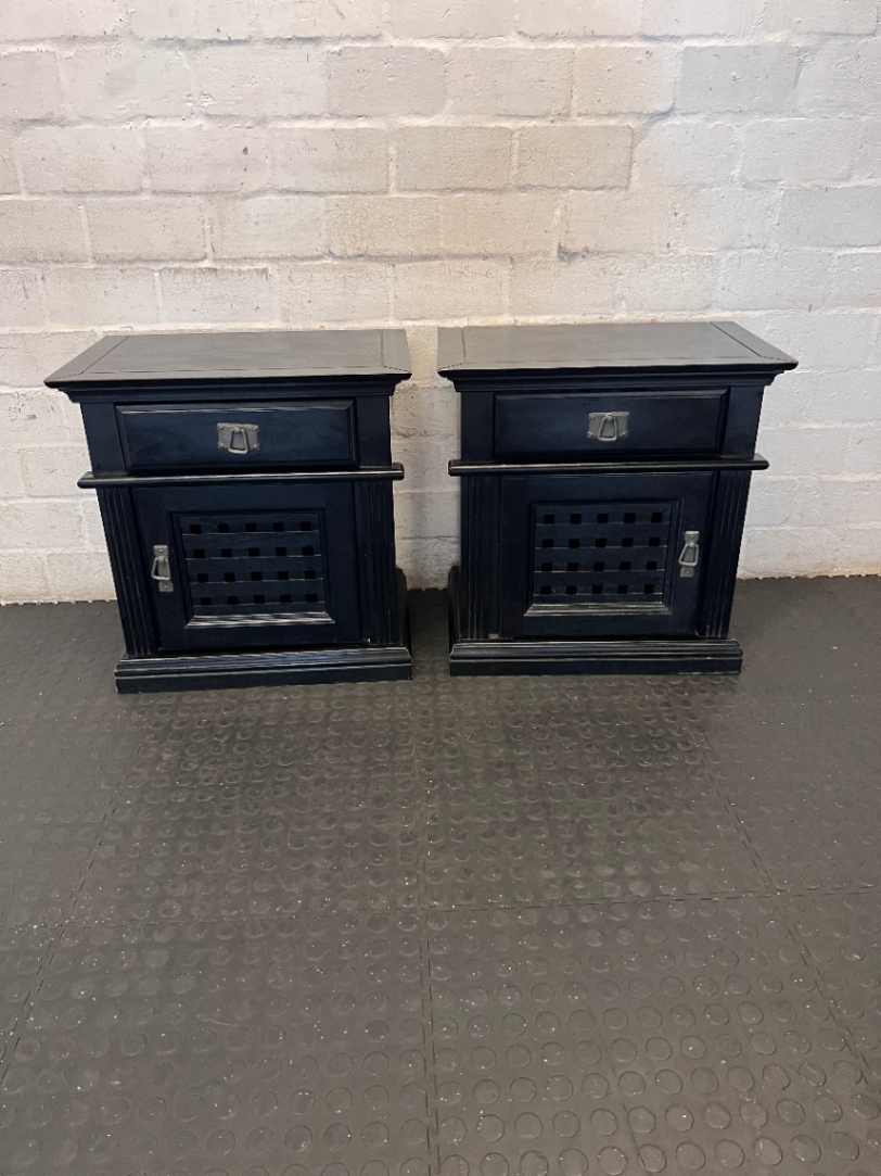 Pair of Black Lattice-Door Bedside Tables - Minor Edge Wear - 2ndhandwarehouse.com