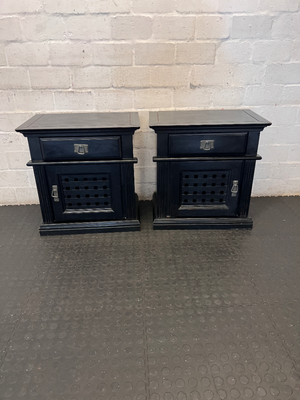 Pair of Black Lattice-Door Bedside Tables - Minor Edge Wear - 2ndhandwarehouse.com