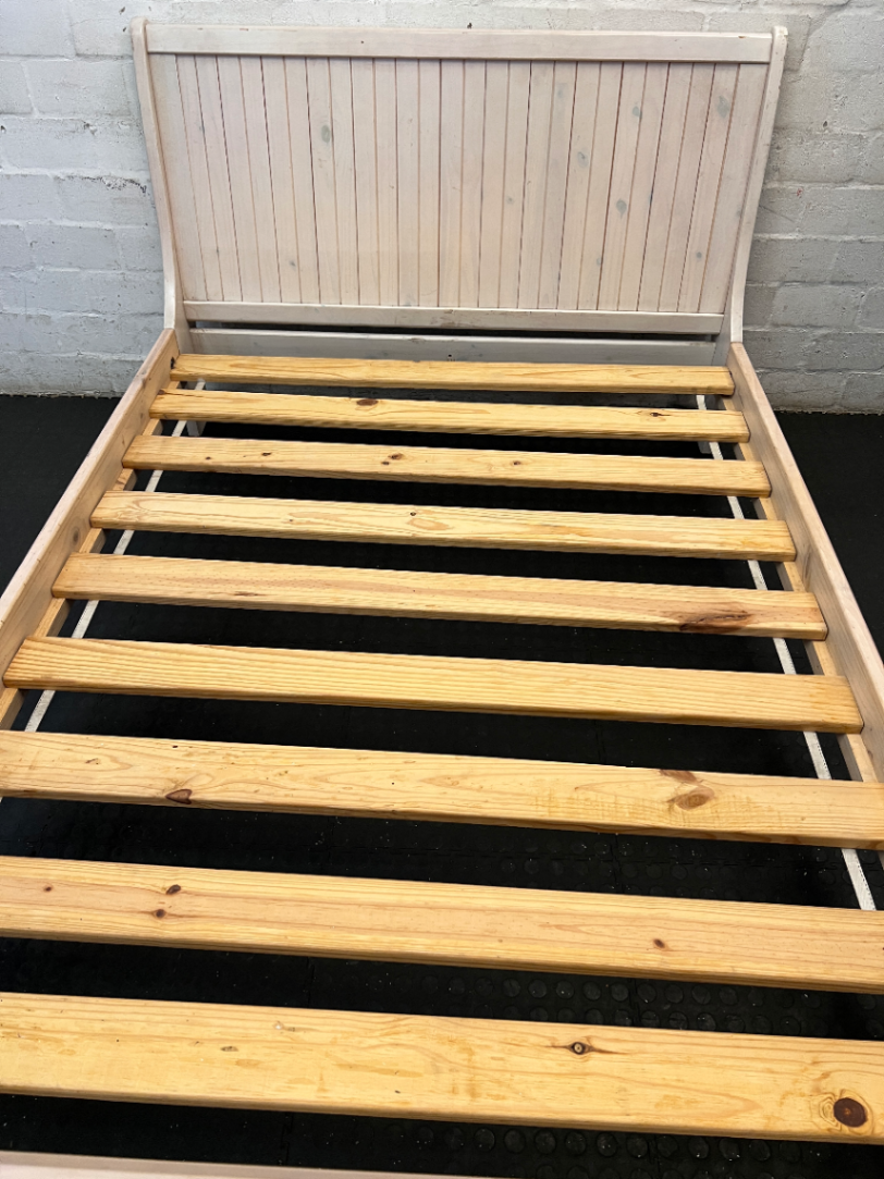 White-Wash Wooden Double Bed Frame with Slats - Fair Condition - 2ndhandwarehouse.com