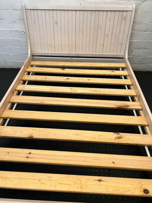 White-Wash Wooden Double Bed Frame with Slats - Fair Condition - 2ndhandwarehouse.com