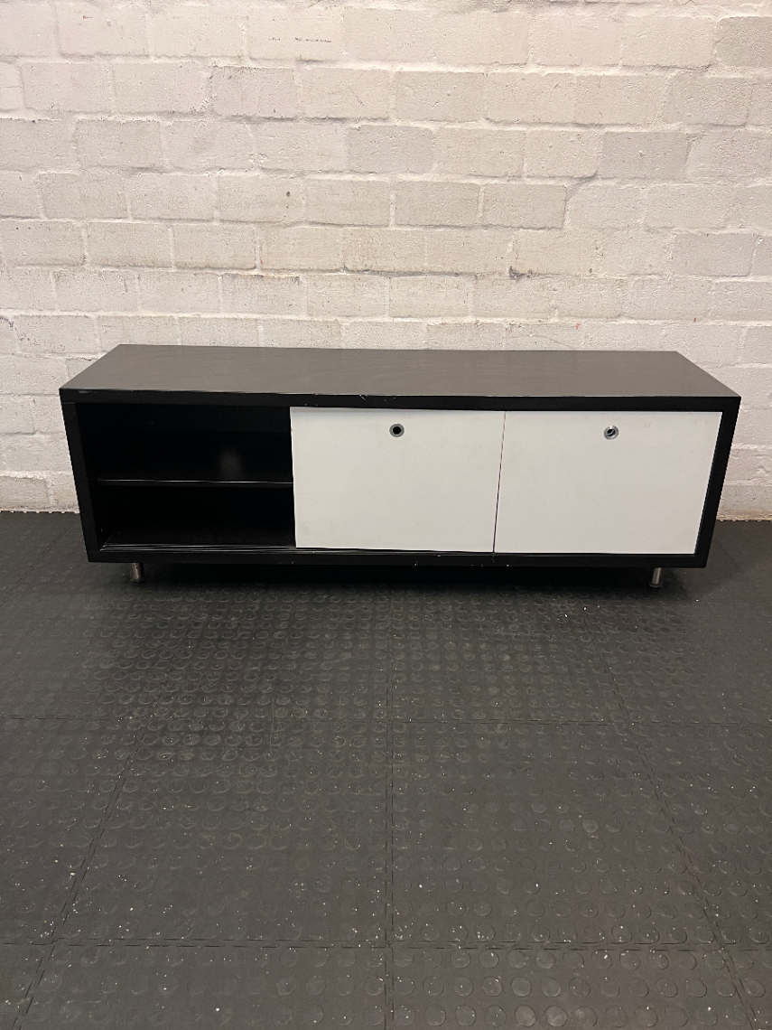 Low Profile TV Unit with Sliding Doors - Minor Scratches on Top - 2ndhandwarehouse.com