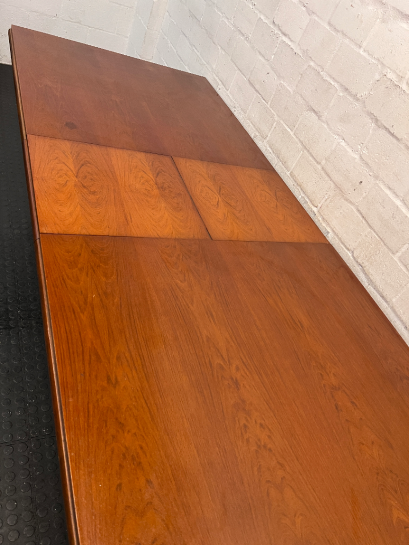 Brown Timber Dining Set with 6 Upholstered Chairs — Damaged Chair Seats and Stained Sideboard Top - 2ndhandwarehouse.com