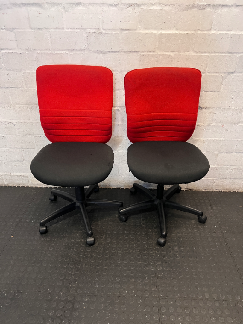 Red and Black Armless Swivel Office Chair — Scuffed Arm Rests - 2ndhandwarehouse.com