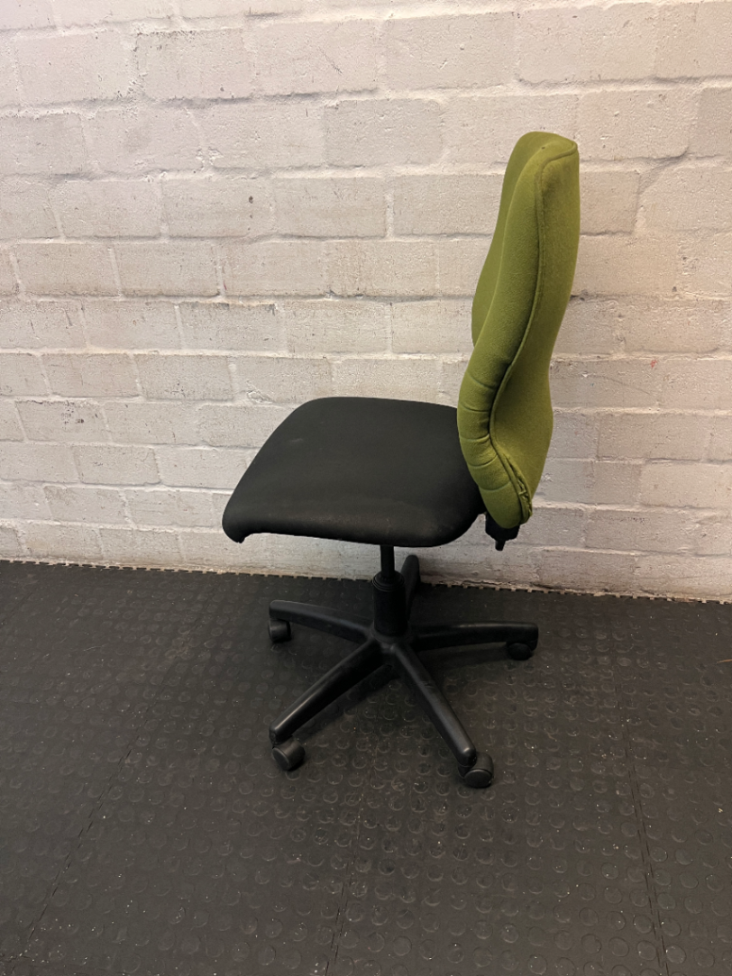Two-Tone Green and Black Armless Swivel Office Chair — Scuffed Armrests and Well Used Condition - 2ndhandwarehouse.com