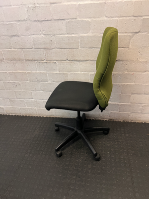 Two-Tone Green and Black Armless Swivel Office Chair — Scuffed Armrests and Well Used Condition - 2ndhandwarehouse.com