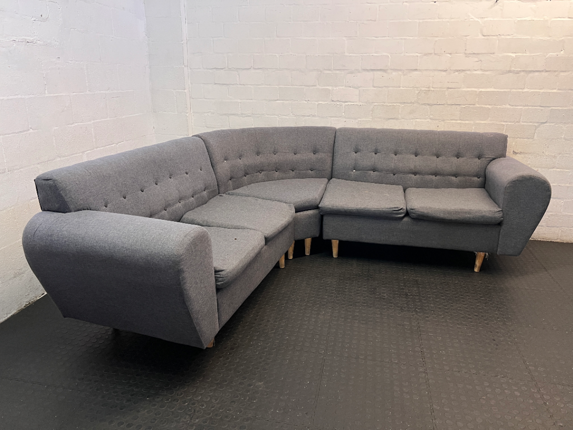 Grey Fabric Tufted L-Shape Couch — Worn Seating Cushions and Skew Feet - 2ndhandwarehouse.com