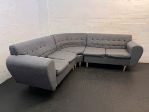 Grey Fabric Tufted L-Shape Couch — Worn Seating Cushions and Skew Feet - 2ndhandwarehouse.com