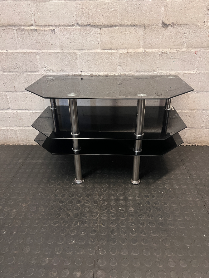 Black Glass 3-Tier TV Unit with Chrome Legs — Clean Condition with No Visible Faults - 2ndhandwarehouse.com