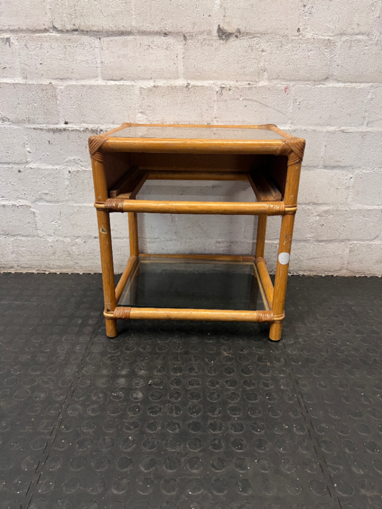 Bamboo Style Side Table with Glass Shelves — Fair Condition - Missing Drawer - 2ndhandwarehouse.com