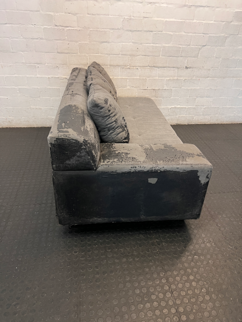 Grey Modular Sectional Couch Piece with Scatter Cushions — Damaged Condition, Requires Repolstering and Repair - 2ndhandwarehouse.com
