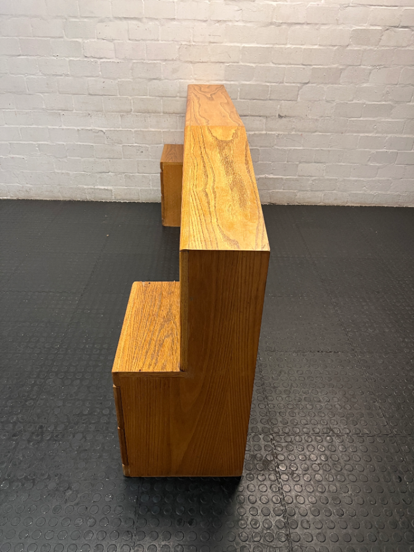 Light Oak Queen Headboard with Pedestals and Shelving — Water Damage on Dressing Table Surface - 2ndhandwarehouse.com