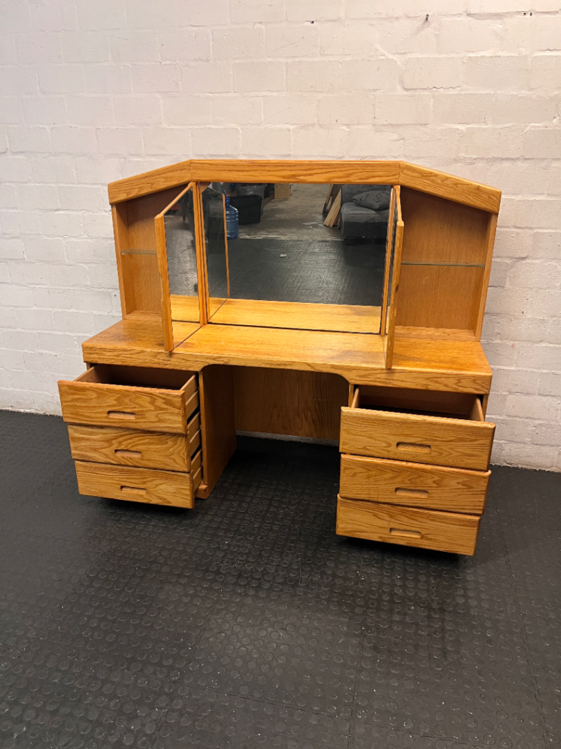 Wooden Dressing Table with Triple Mirror and Six Drawers — Good Working Order - 2ndhandwarehouse.com
