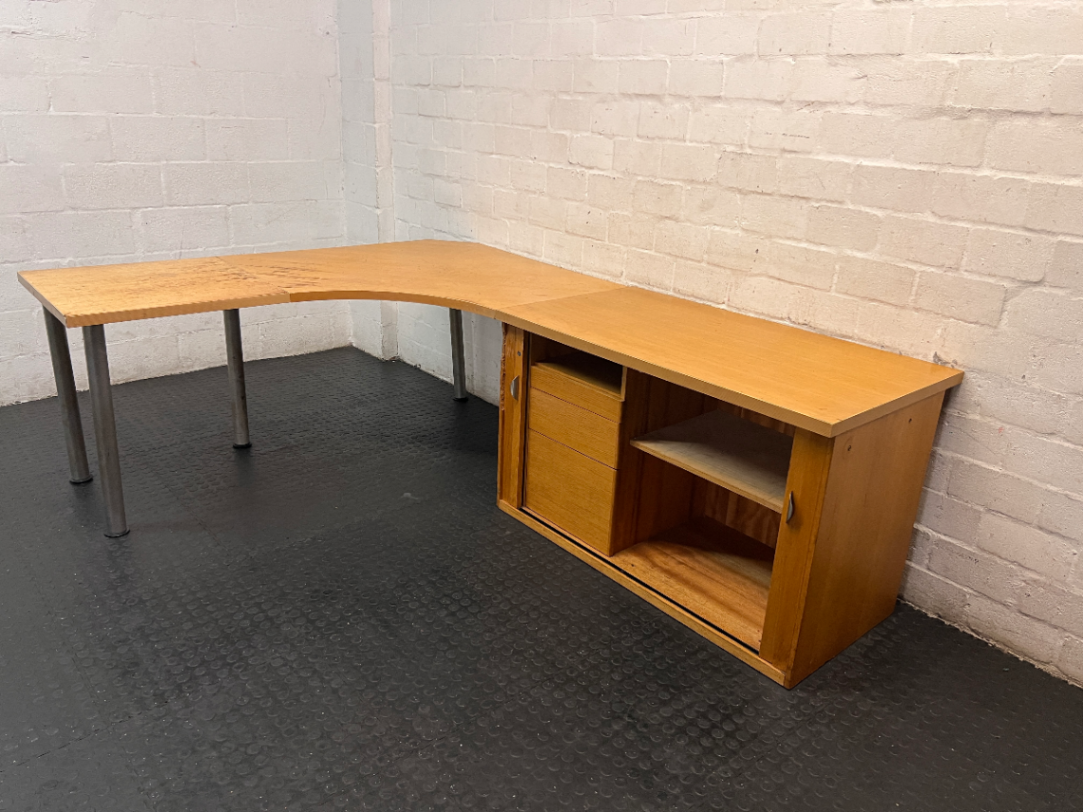 Light Oak L-Shaped Office Desk with Roller Shutter Credenza — Good Working Order with Water Damage on Surface - 2ndhandwarehouse.com