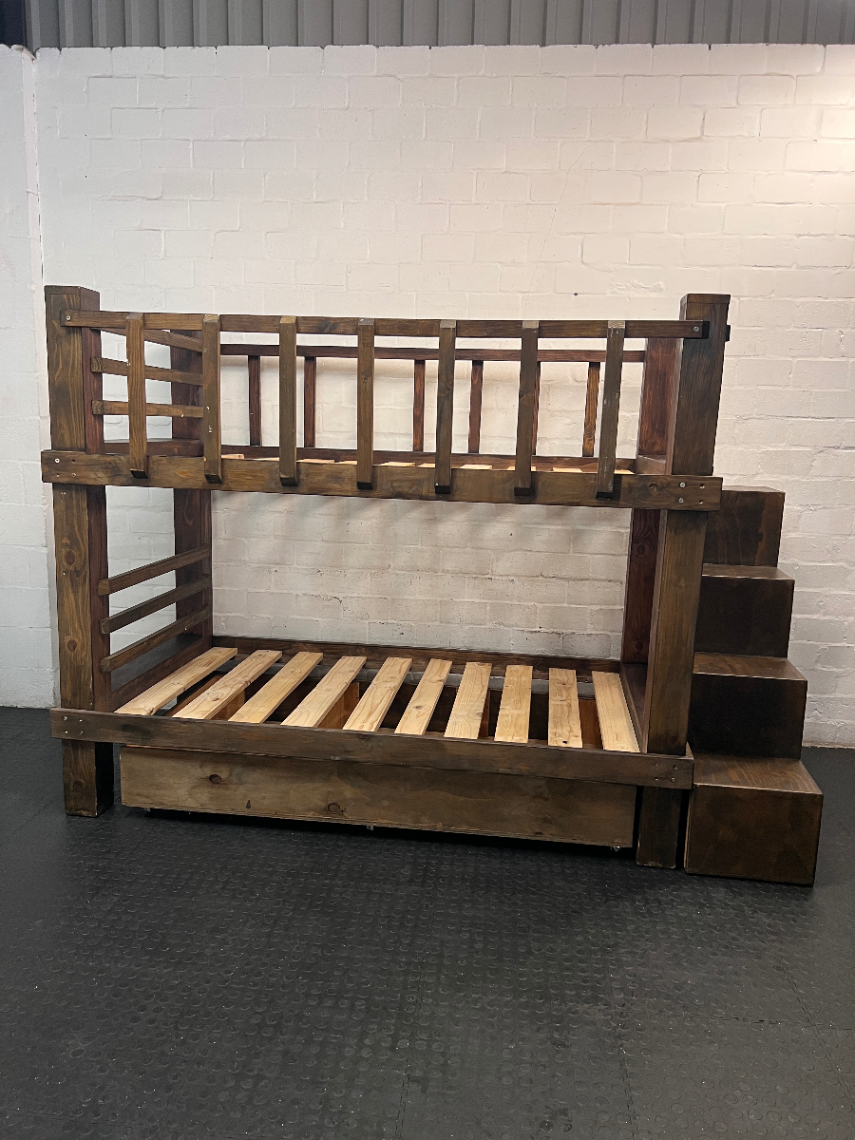 Dark Stained Pine 3/4 Bunk Bed with Storage Steps — Requires Disassembly and Assembly - 2ndhandwarehouse.com