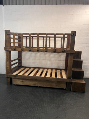 Dark Stained Pine 3/4 Bunk Bed with Storage Steps — Requires Disassembly and Assembly - 2ndhandwarehouse.com