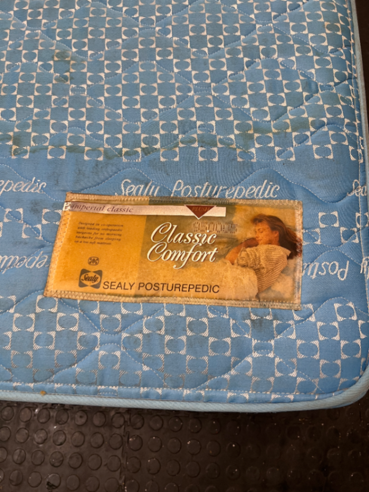 Sealy Posturepedic Queen Mattress in Blue — Visible Staining on Mattress and Base - 2ndhandwarehouse.com