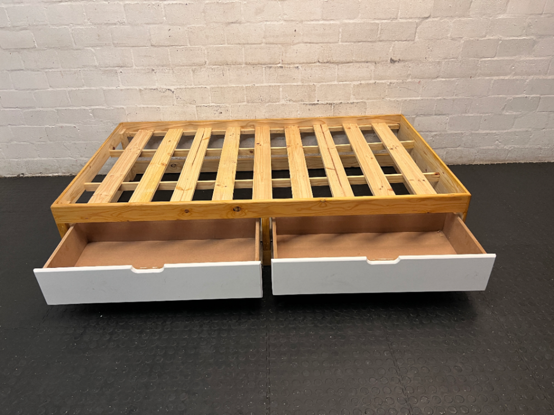 Single Wooden Bed Frame with White Storage Drawers — Good Condition with Minor Dust - 2ndhandwarehouse.com
