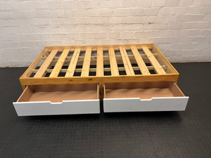 Single Wooden Bed Frame with White Storage Drawers — Good Condition with Minor Dust - 2ndhandwarehouse.com