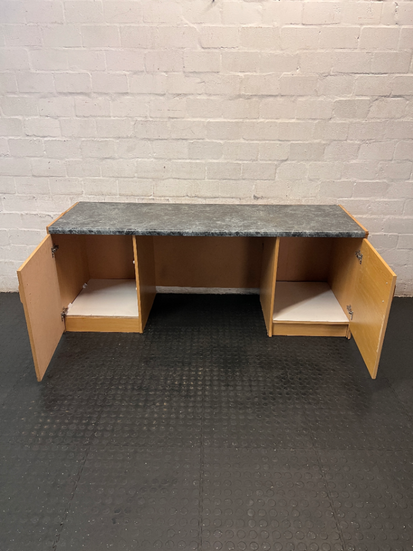 Grey Marble-Effect Top Office Desk with Side Cupboards — Backing Loose and Fragile Structure - 2ndhandwarehouse.com