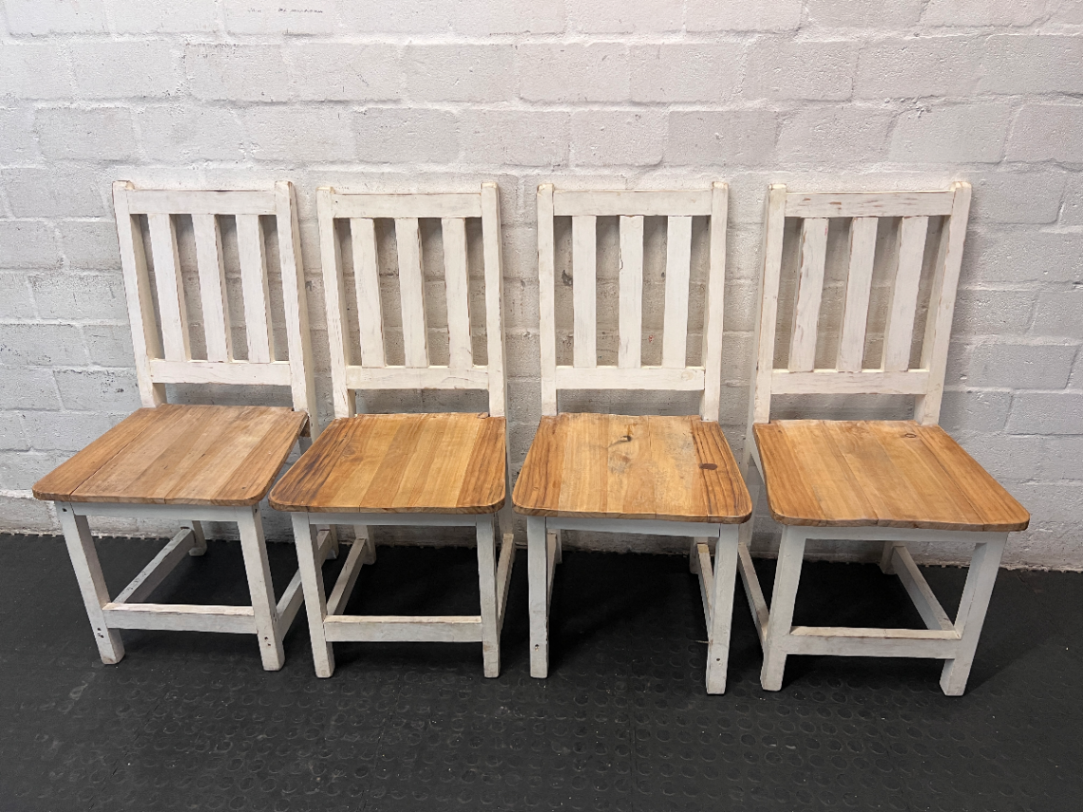 Two-Tone Pine Dining Chair with White Slatted Back — Visible Paint Wear and Surface M - 2ndhandwarehouse.com