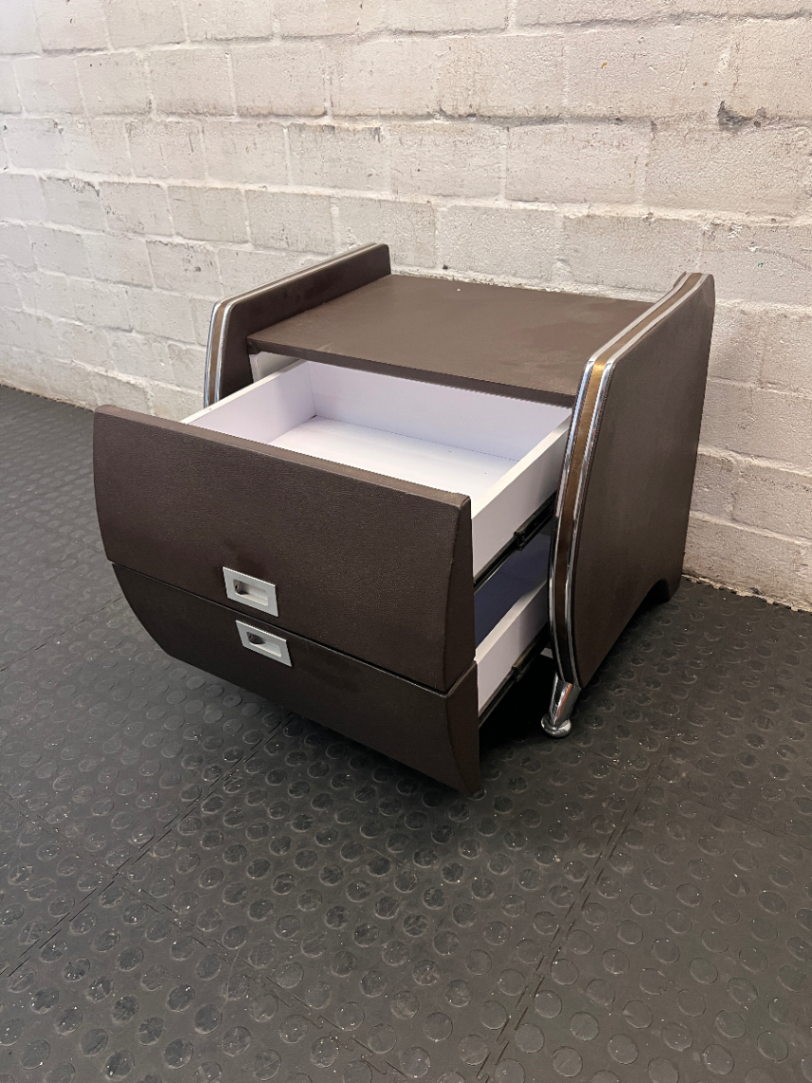 Brown 2-Drawer Side Table with Chrome Details — Paint Droplets on S - 2ndhandwarehouse.com