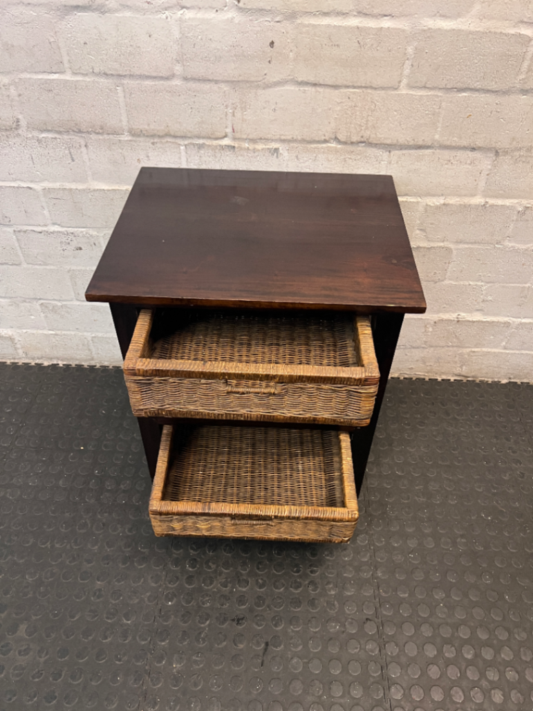 Dark Wood Bedside Pedestal with Wicker Baskets - 2ndhandwarehouse.com