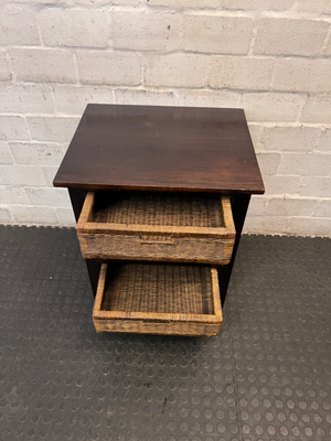 Dark Wood Bedside Pedestal with Wicker Baskets - 2ndhandwarehouse.com