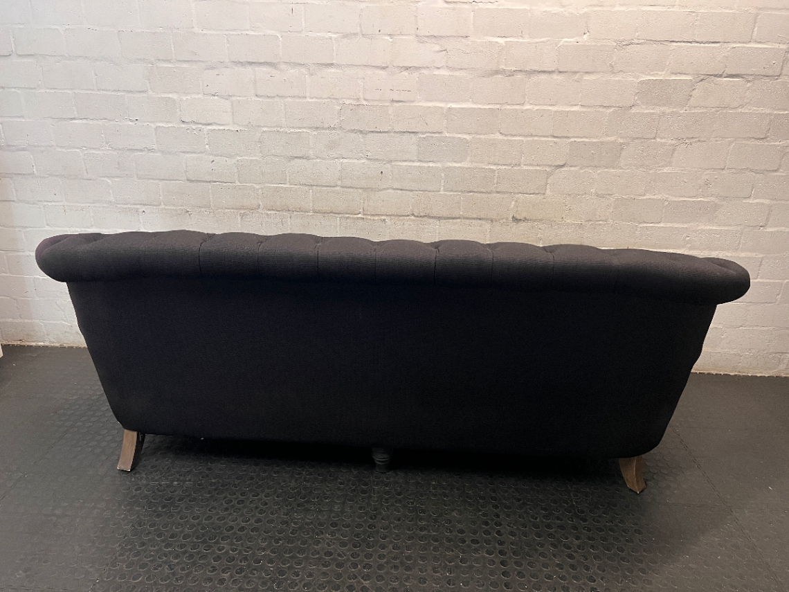 Black Tufted Fabric 3 Seater Couch with Stud Detail — Soiled Upholstery with Extra Cushions