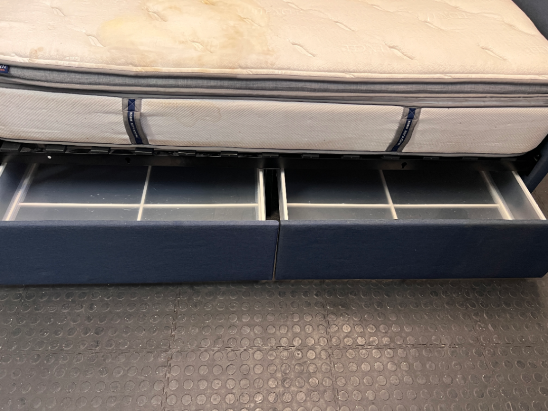Navy Blue Upholstered Double Daybed with Mattress — Fair Used Condition with Mattress Staining