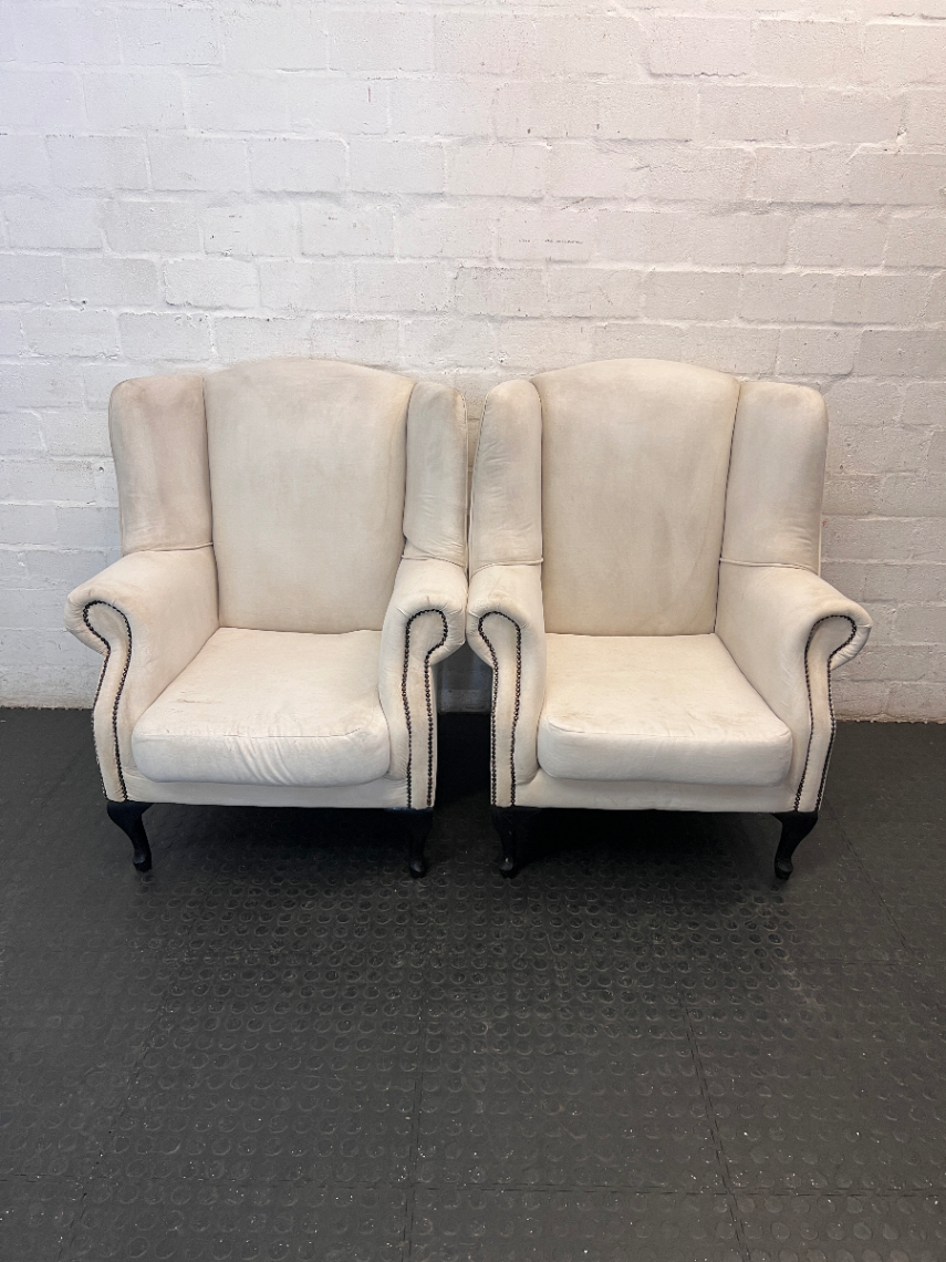 Classic White Upholstered Wingback Chair with Stud Detail