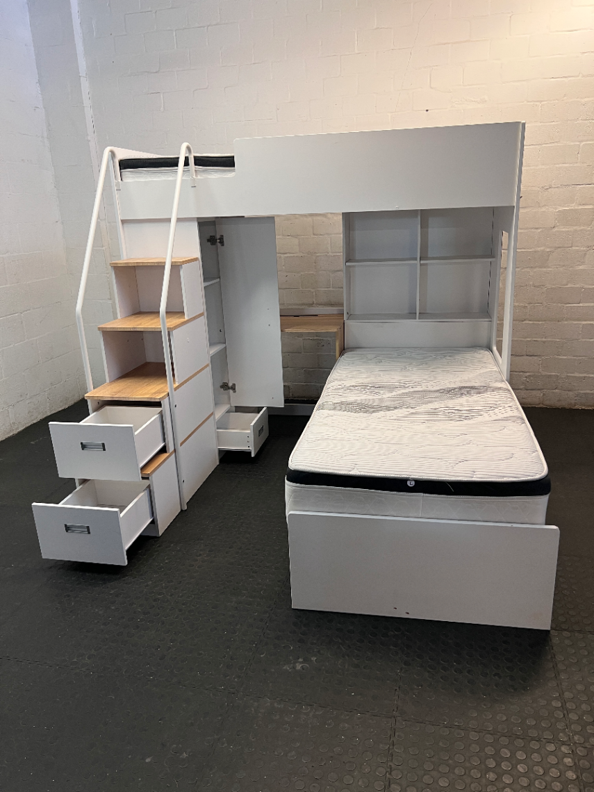 White L-Shaped Bunk Bed with Desk and Storage Cupboard — Good Condition