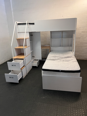 White L-Shaped Bunk Bed with Desk and Storage Cupboard — Good Condition