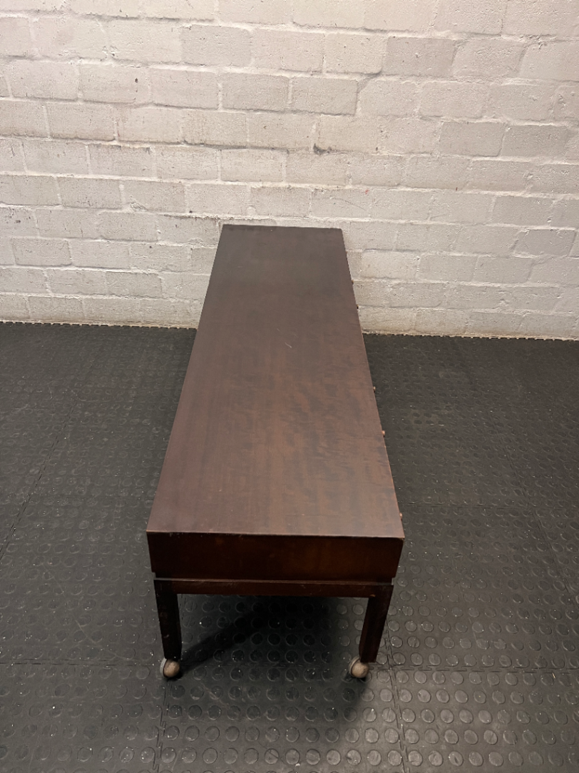 Long Wood Serving Trolley with Drawers and Wheels — Fair Condition with Surface Scratches