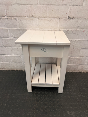 Classic White Wooden Bedside Table with Drawer and Shelf — Good Working Order