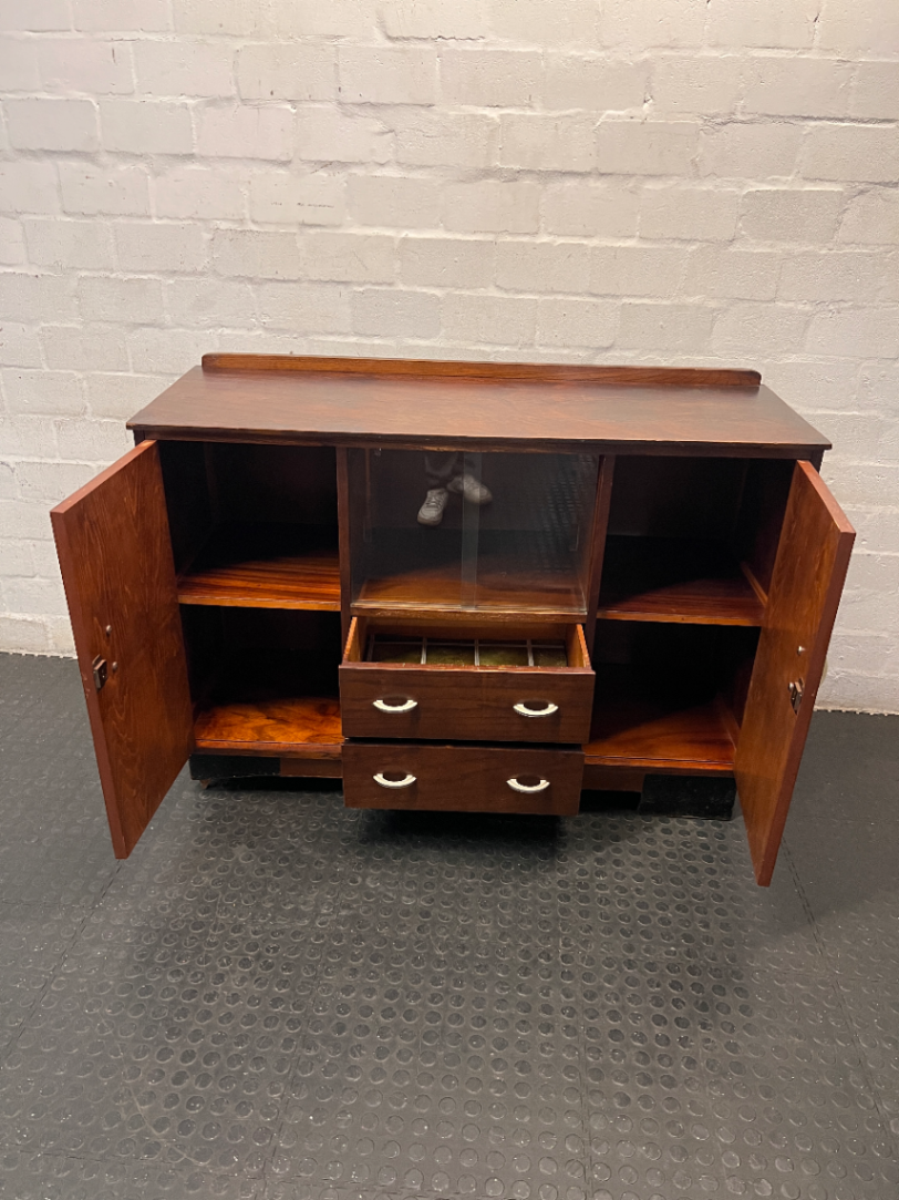 Vintage Wooden Sideboard with Glass Display Compartment — Good Wood Condition