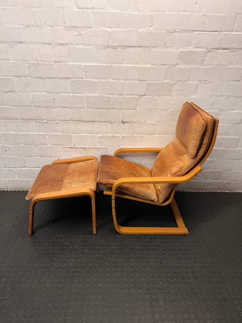 Tan Bentwood Lounge Chair and Footstool — Well Used with Significant Surface Wear