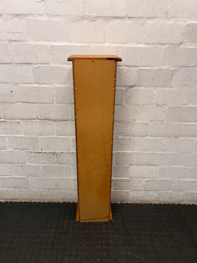 Tall Slim Pine-Finish Wooden Shelving Unit — Well Used Condition