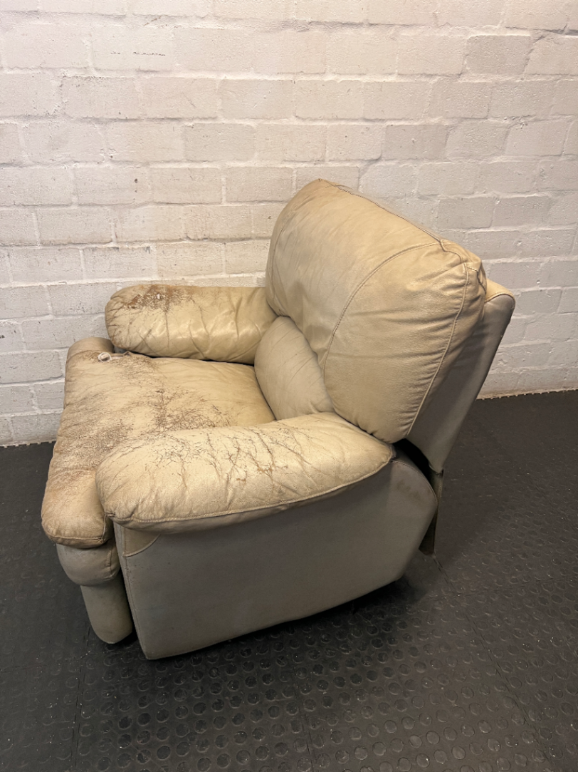 Beige Leather Recliner Armchair — Damaged Leather with Peeling and Tears