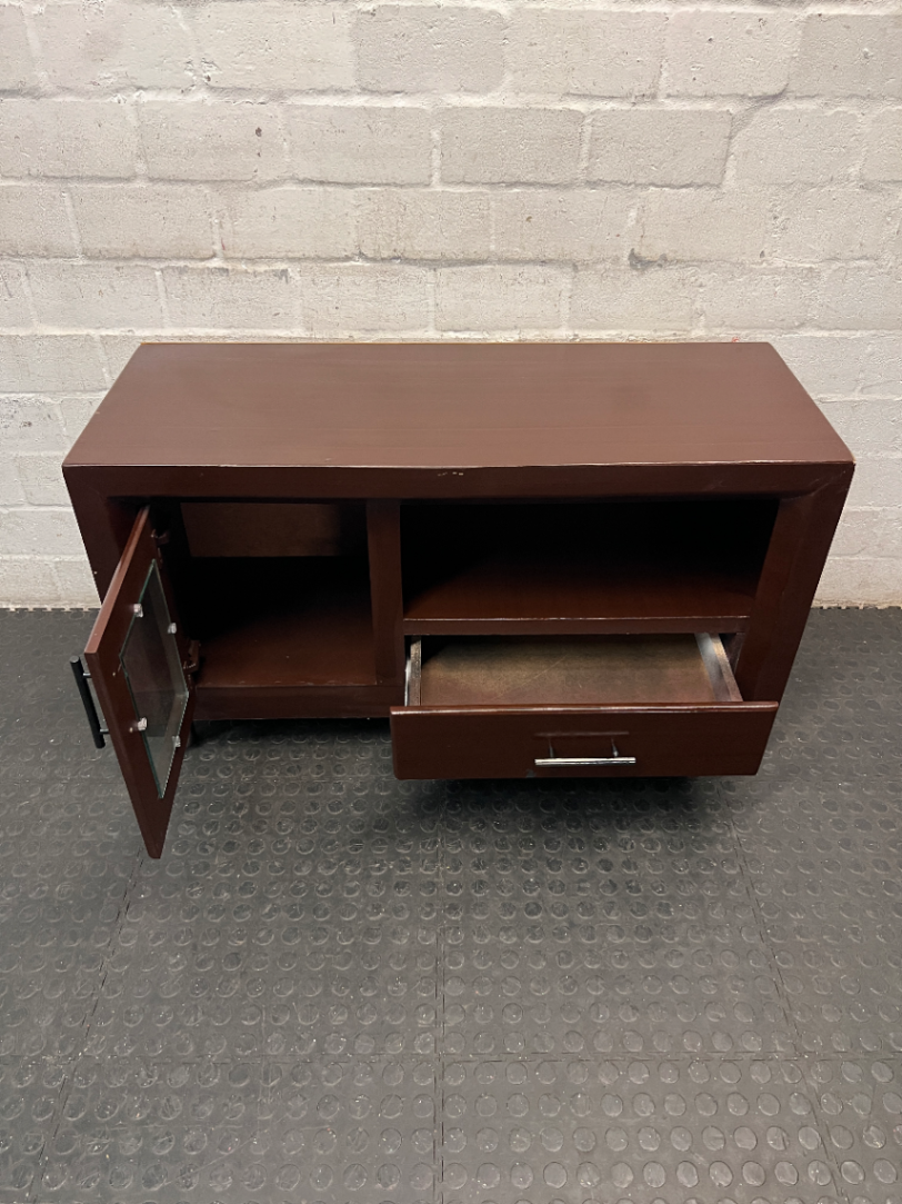 Compact Brown Wood TV Unit with Glass Door and Drawer — Good Working Order