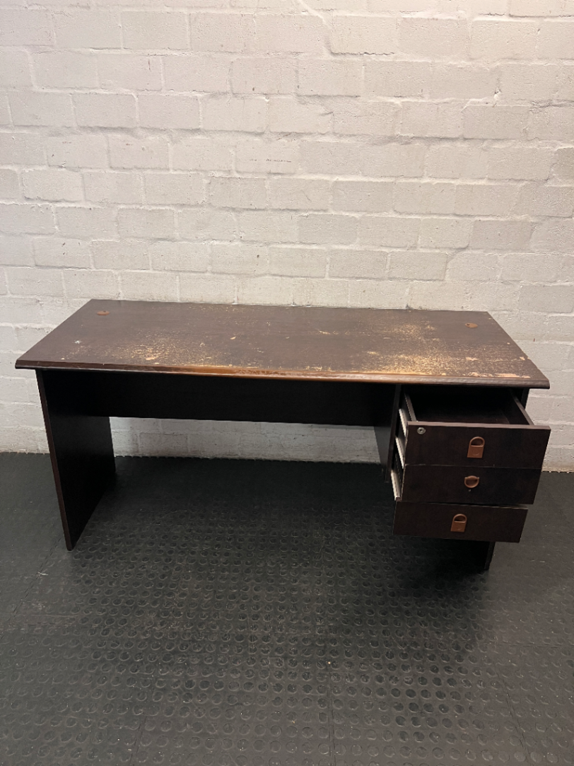Dark Wood-Look Office Desk with 3 Drawers — Damaged Wood Surface