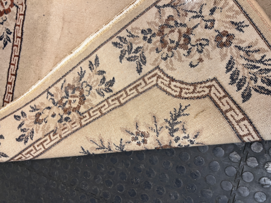 Floral Bordered Area Rug with Greek Key Detail — Well Used with Visible Fading