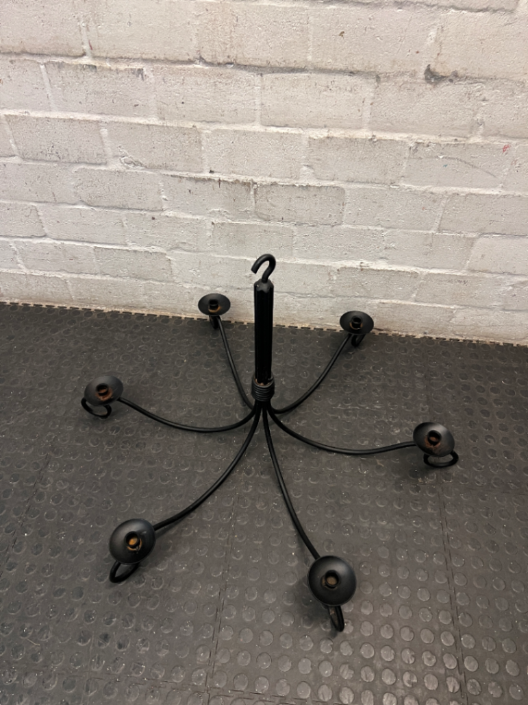 Ornate Six-Arm Metal Chandelier with Scroll Detail — Good Working Order